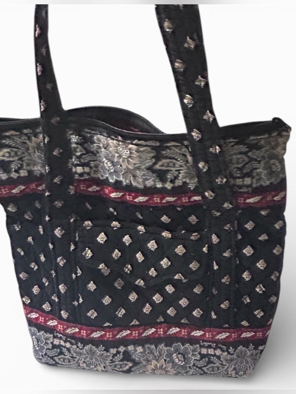 Vera Bradley Quilted Tote Bag Black Red Floral Print Shoulder Purse